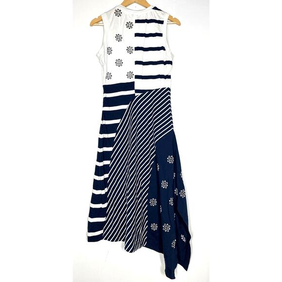 Tanya Taylor Cassidy Dress Patchwork Striped Eyelet Midi Maritime Blue Multi M - Picture 3 of 7